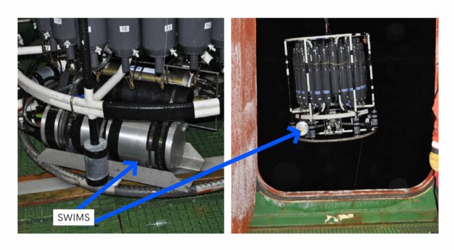 The SWIMS instrument integrated into the oceanographic bathymetric pod ready to be launched into the ocean. SWIMS aboard deployments in polar night