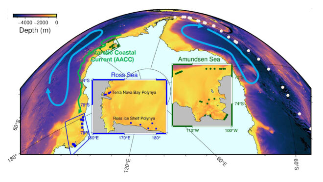 Polynyas in the Ross Sea where the SWIMS instrument has been deployed for melt glacier water analysis. Polynyas in the Ross Sea
